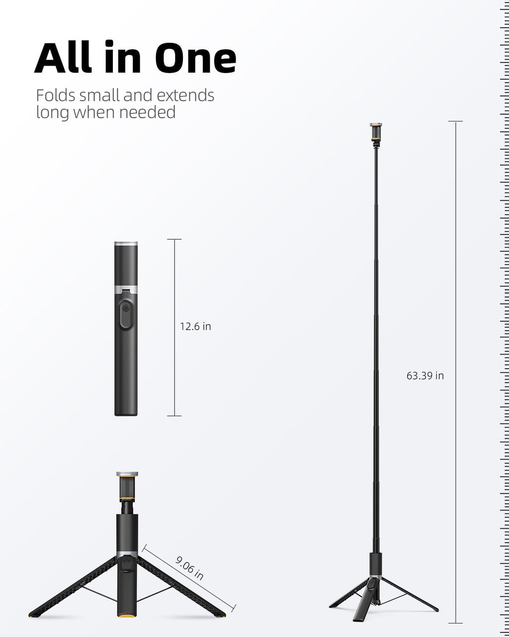 TODI 63” Selfie Stick Tripod for Phone – Extendable Stand with Wireless Remote, Compatible with iPhone & Android