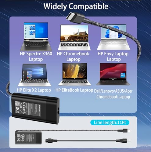 New Slim for HP 65W Laptop Charger USB C,Replacement for HP Envy x360,Spectre x360,Elitebook G5 G6,HP Computer Chromebook,Zbook,Elite x2,ProBook,Pavilion Travel Type C Power Cord Ac Adapter