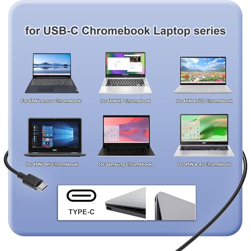 45W USB C Laptop Adapter Compatible with HP Chromebook Charger, for Acer Lenovo Asus Samsung Google Type-C Power Cord