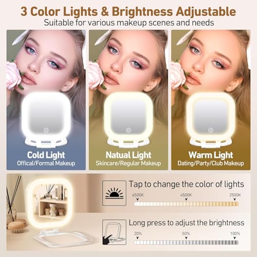 Travel Mirror with Light, Compact Mirrors, 1x/30x Magnifying Mirror with 3 Color Lights and Adjustable Brightness, 4.5x3.9 inch Small Compact Hangable Hand Pocket Mirrors, Comes with Tweezer