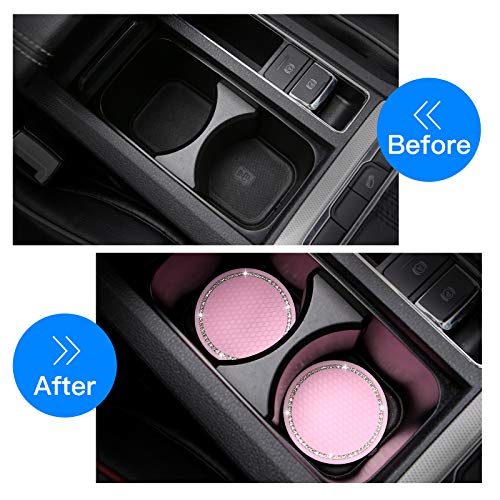 2 Pack Bling Cup Holder Insert Coasters, 2.75 Inch Soft Crystal Rhinestone Rubber Pad Set Round Auto Drink Coaster Car Interior Accessories (Pink)