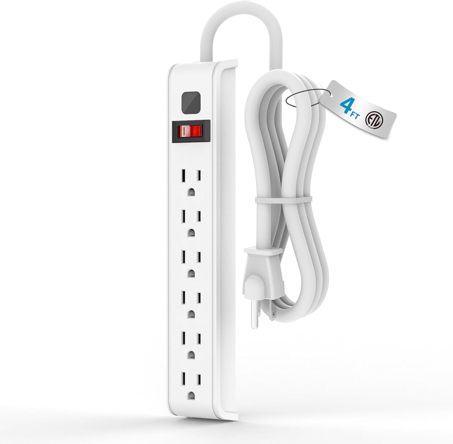 TiFFCOFiO Surge Protector Power Strip, 4 Feet Extension Cord, 600 Joules Surge Protection, Multiple Protection 6 Outlet Strip, 14 AWG Cord, 15A/1875W, ETL Listed