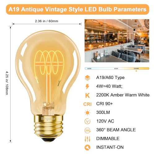 A19 Vintage LED Edison Light Bulbs 40 Watt, 4-Pack Dimmable A19 4W 2200K Amber Warm Light Bulbs, E26 Base, 4W Equal 40 Watt Incandescent Bulbs, Decorative Antique Spiral LED Bulb, 300LM