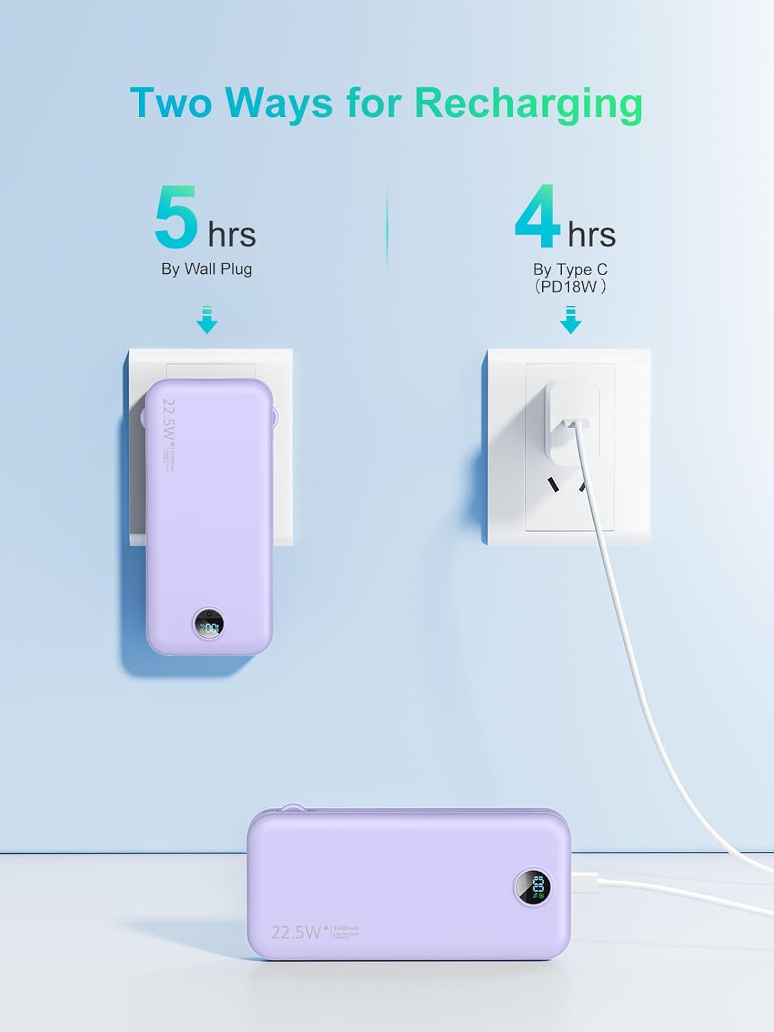 Portable Charger, 12000mAh 22.5W USB C Fast Charging Power Bank with Built-in Cables and AC Wall Plug, Smart LED Display Travel Essentials Battery Pack Compatible with iPhone, iPad, Samsung etc Purple