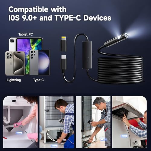 [Dual-Lens] Endoscope Camera with Light, 1920P HD Borescope with 8+1 Adjustable LED Lights, IP67 Waterproof 16.5FT Semi-Rigid Snake Cord Inspection Camera for iPhone, iPad and Android Phone (Type C)