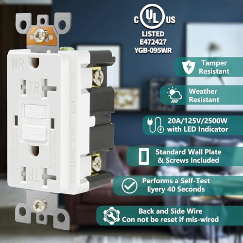 GFCI Outlet 20 Amp, UL Listed, LED Indicator, Tamper-Resistant, Weather Resistant Receptacle Indoor or Outdoor Use with Decor Wall Plates and Screws