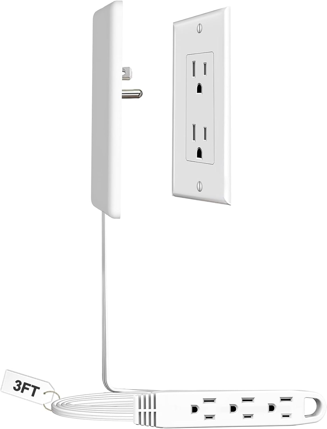 3FT Ultra Flat Plug Extension Cord Power Strip with 3 Outlets, Patented Detachable Ultra-Thin Outlet Cover Concealer & Ultra-Flat Plug, Max. 13A 125V 1625W ETL Listed, White Color