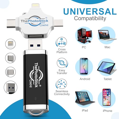 ThePhotoStick® Omni 128GB USB Flash Drive & Memory Stick – Automatic Photo & Video Backup for iPhone, Android, Mac & PC – Multiport Connection to Easily Store & Transfer Files