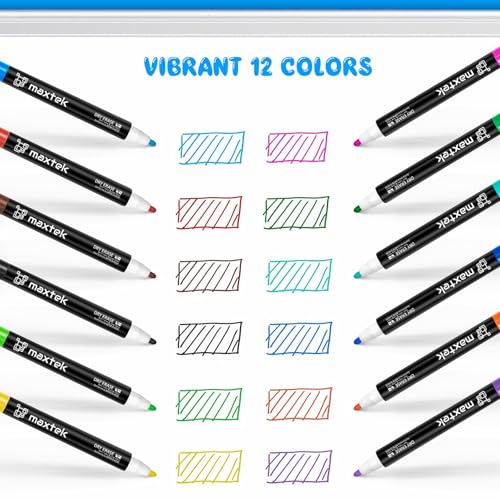 maxtek Magnetic Whiteboard Markers - 12 Count Colorful Fine Tip Dry Erase Markers with Eraser for Kids, Low Odor Thin Markers for Calendar Boards