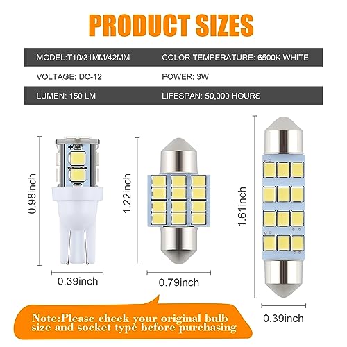 24 Pieces Dome Light LED Car Interior Bulb Kit Set 194 T10 DE3175 578 31mm 42mm Bulbs Interior Replacement Lights for Car Map License Plate Door Side Marker Cornering Trunk Light - White