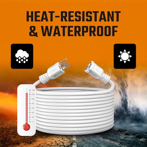 Outdoor Extension Cord Waterproof 10 Ft, White, Indoor, Outdoor Power Cord, Heavy Duty 16/3, Single Outlet, UL Listed, 3-Prong, Grounded Outlet, Extension Wire.