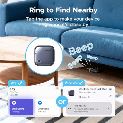 UGREEN Finder Duo (iOS and Android) Air Tracker Tags 4 Pack, Rechargeable Android Tracker Tags Bluetooth Key Finder Compatible with iOS and Android for Keys, Luggage and More