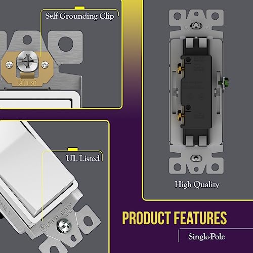 ENERLITES Decorator Paddle Rocker Light Switch, Gloss Finish, Single Pole, 3 Wire, Grounding Screw, Residential Grade, 15A 120V/277V, UL Listed, 91150-W-10PCS, White (10 Pack)