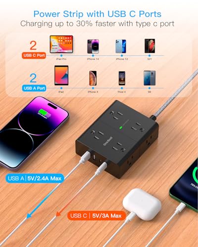 Surge Protector Power Strip 25 Ft Cord, Ultra Thin Flat Extension Cord with 8 Outlets 4 USB Ports(2 USB C), Flat Plug Power Strip, 25 Ft Long Braided Power Cord for College Dorm Room Essentials-BK