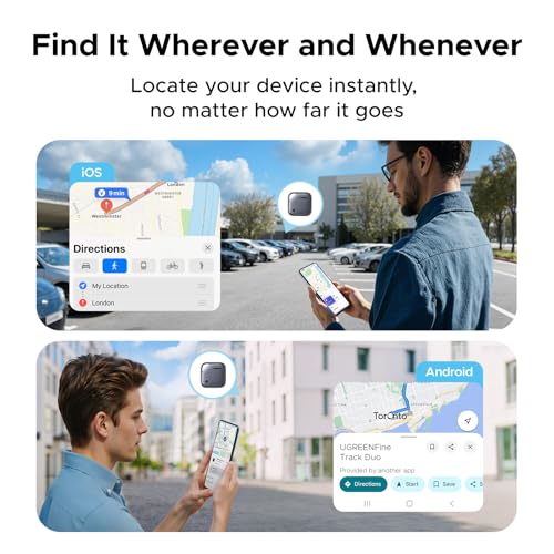 UGREEN Finder Duo (iOS and Android) Air Tracker Tags 4 Pack, Rechargeable Android Tracker Tags Bluetooth Key Finder Compatible with iOS and Android for Keys, Luggage and More