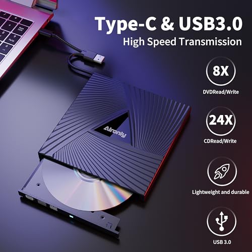 External CD/DVD Drive for Laptop/PC, USB 3.0 Type-C Portable Player for Computer CD DVD +/-RW Disk Drive CD Burner Writer Reader Compatible with Desktop Windows Apple (Functional Interface)