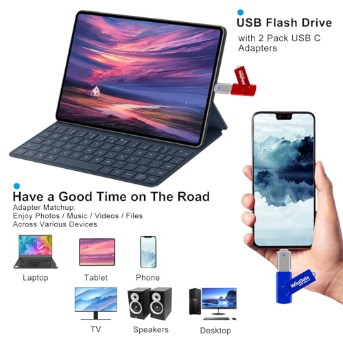 5 Pack 64GB USB Flash Drive and 2 Pack USB C Adapters in a Case, Thumb Drives Memory Stick Storage and Backup for Smart Phones with Type C Port, Laptops, PC(5 Colors) (64, GB)