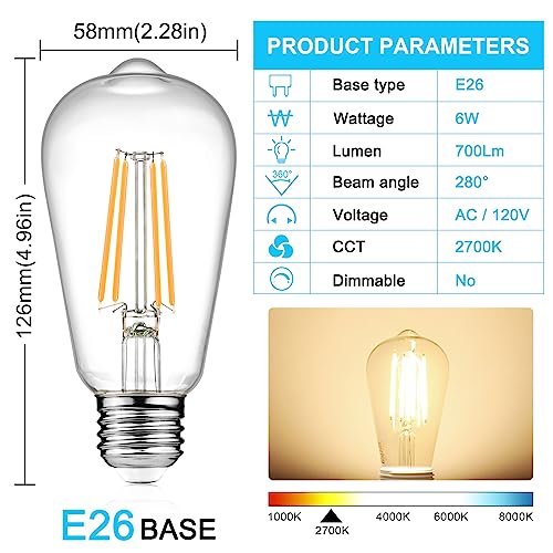 Ascher Vintage LED Edison Bulbs, 6W, Equivalent 60W, Non-Dimmable, High Brightness Warm White 2700K, ST58 Antique LED Filament Bulbs with 80+ CRI, E26 Medium Base, Clear Glass, Pack of 4