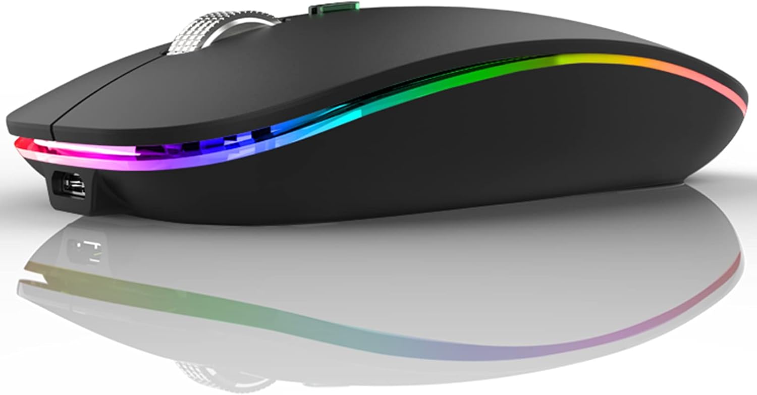 TENMOS Wireless Bluetooth Mouse, LED Slim (Bluetooth 5.1/5.0 + USB) 2.4GHz Rechargeable Silent Bluetooth Wireless Mouse with Type C Adapter for Laptop/MacBook/iPad OS 13 and Above (Matte Black)