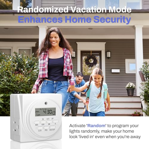 BN-LINK Indoor Digital Timer Outlet, Dual Outlet 7 Day Programmable Light Switch, 3 Prong Plug in Timers for Electrical Outlets, Lamps, Fans, 8 On/Off Programs, 2 Pack, 15A/1875W, ETL Listed