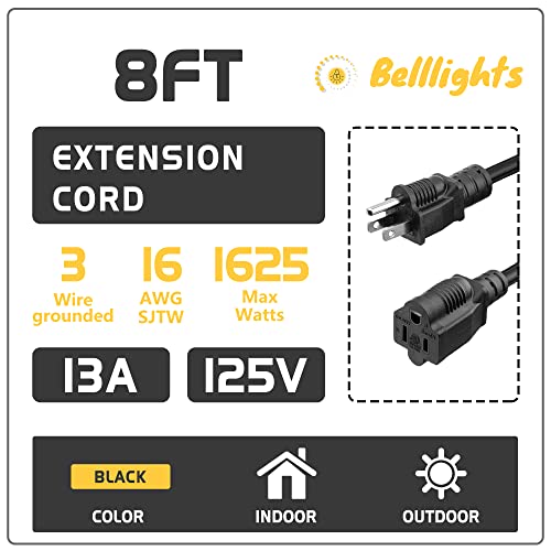 2-Pack 8ft Extension Cord Outdoor 16 AWG Heavy Duty Power Cord 3 Prong SJTW, NEMA 5-15P to NEMA 5-15R, Power Cable for Indoor and Outdoor Use, ETL Listed