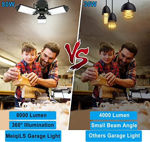 LED Garage Light, 80W 8000 Lumen Ceiling Lights with 3 Adjustable Panels, 6500K Daylight Light Bulb Fixture LED Lights for Garage, Workshop