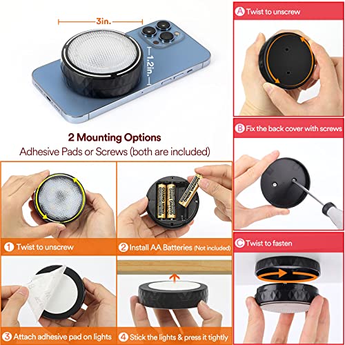 LED Puck Lights with Remote Control, Battery Operated Wireless Closet Light, Under Cabinet Lighting Stick on Tap Push Lights, Color Changing Under Counter Light for Kitchen, 6 Pack - Black