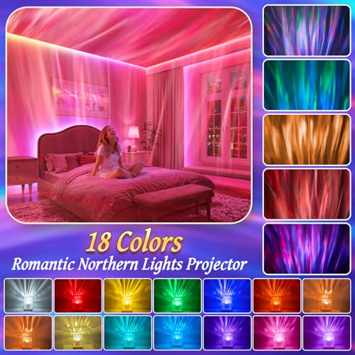 Northern Lights Projector Aurora Light Projector, 18-Color Sunset Lamp Cool Stuff for Teen Girls Game Room Decor for Teen Girls, Mood Lighting Galaxy Projector for Bedroom Decorations, Boy Girl Gifts