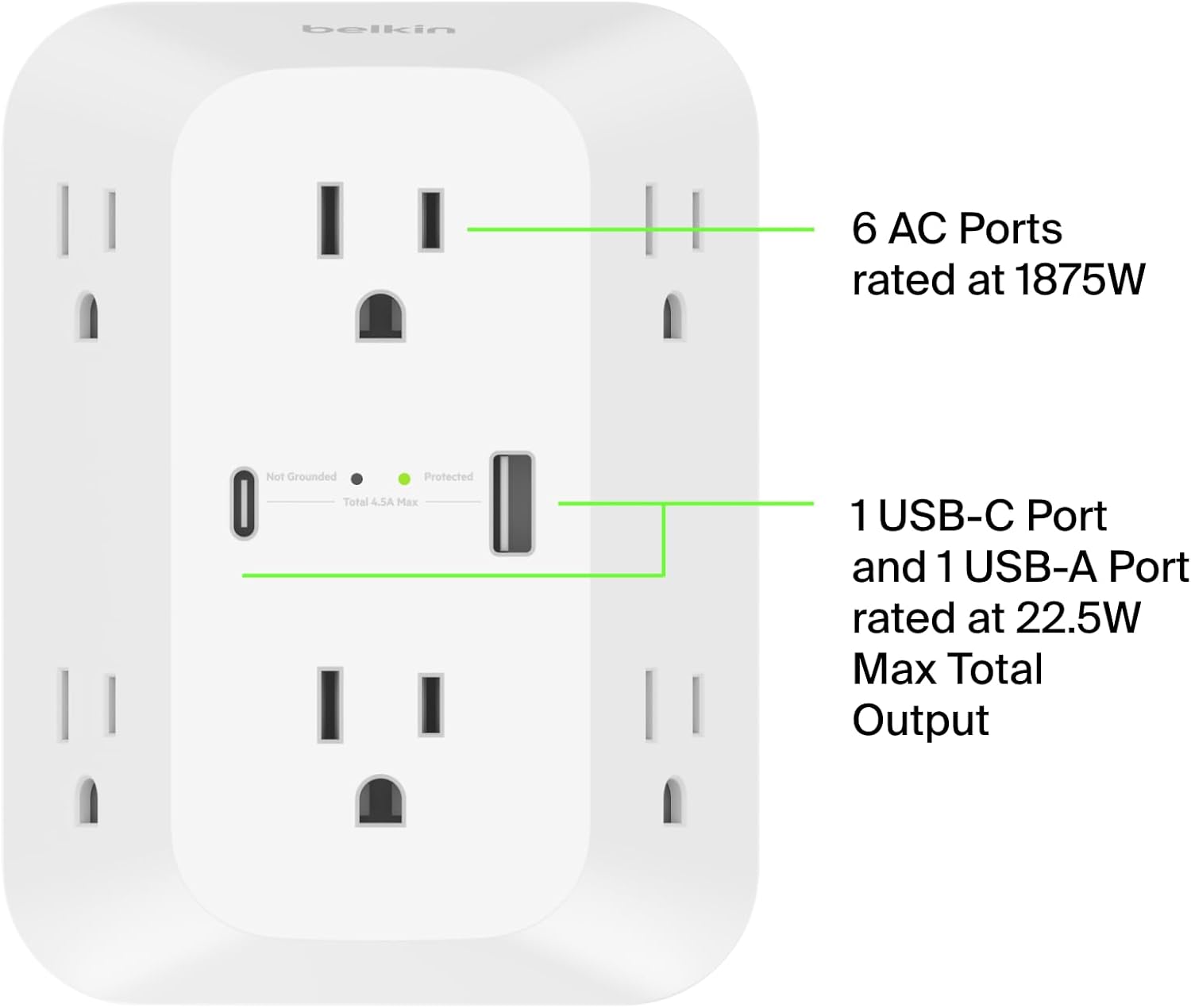 Belkin 6-Outlet Surge Protector Power Strip, ETL-listed, Wall-Mountable w/ 6 AC Outlets, Overvoltage Protection, LED Indicator, USB-C & USB-A Ports w/ USB-C PD Fast Charge - 1,680 Joules of Protection