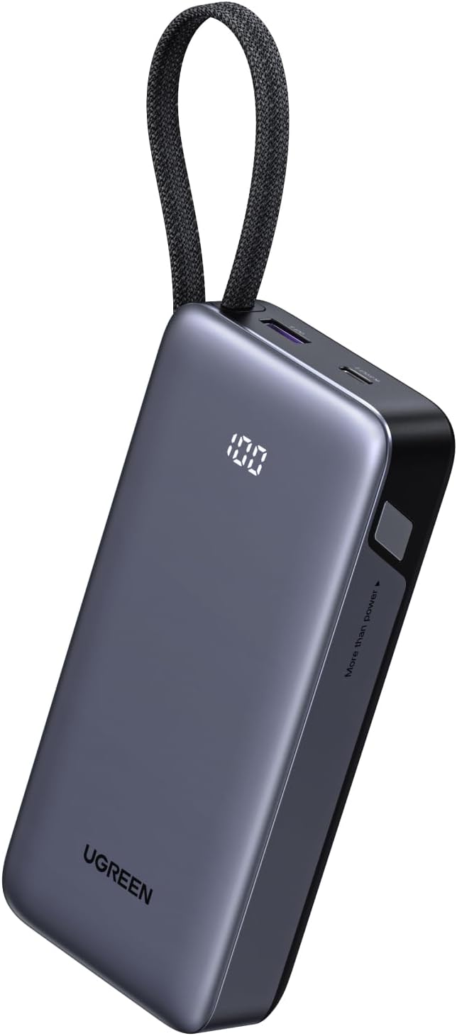 UGREEN Nexode Power Bank 20000mAh 45W with Built-in Cable, Fast Charging Portable Charger for iPhone 17 Pro/Samsung S25 Ultra/iPad Pro, 3-Port External Battery Pack with Digital Display, Travel Ready