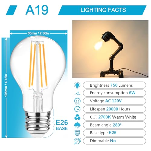 Ascher 60W Equivalent LED Filament Light Bulbs – Warm White 2700K, E26 A19, Pack of 6, Non-Dimmable