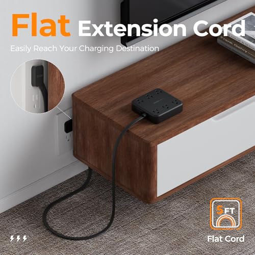 TESSAN 5Ft Black Extension Cord with Multiple Outlets, Surge Protector Power Strip with 6 Outlets and 4 USB Ports (2 USB C), 2100 Joules Protection, Flat Plug, Outlet Extender for Home, Office, Dorm