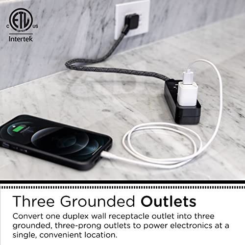 Cordinate Designer Mini 3-Outlet Power Strip, 18 in Braided Extension Cord, Grounded Adapter, Low-Profile Flat Plug, ETL Listed, Black/Dark Heather, 47298