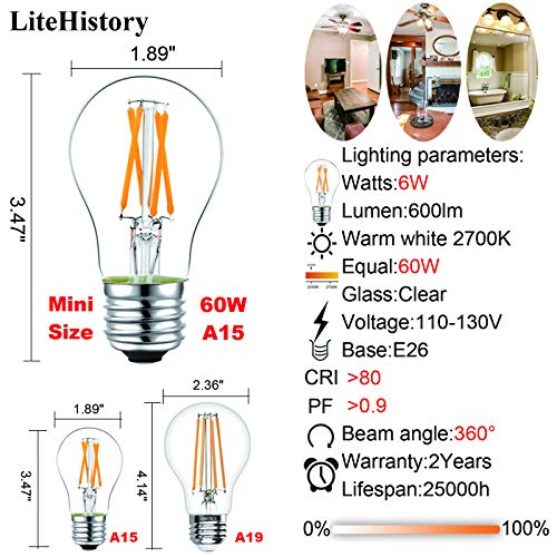 LiteHistory Dimmable E26 led Bulb 6W Equal 60 watt Vintage LED Edison Bulb AC120V 2700K A15 LED Bulb for Ceiling Fan Light Bulbs,Appliance Bulb and Refrigerator Light Bulb 600LM Clear Medium 6Pack