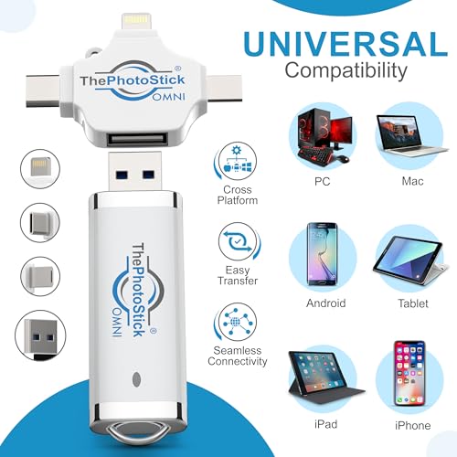 ThePhotoStick® Omni 32GB USB Flash Drive & Memory Stick – Automatic Photo & Video Backup for iPhone, Android, Mac & PC – Multiport Connection to Easily Store & Transfer Files