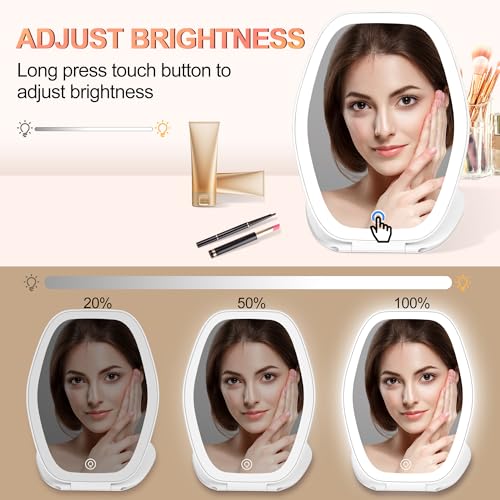 Travel Makeup Mirror with Light: 3 Color Lighting Portable Mirror with Touch Screen Rechargeable Adjustable LED Lights Hexagon Vanity Mirror for Travel, Desk, Home (White)