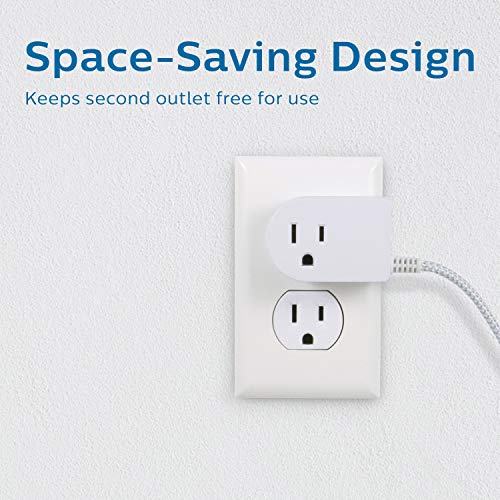 Philips Grounded Plug with Braided Cord, 6 Ft Long Power Cable, ON/Off Switch, for Tabletop or Wall Mount, Perfect for Lamps/Seasonal Lights, 3 Prong,Slip Resistant Base,SPS1611WA/37,White
