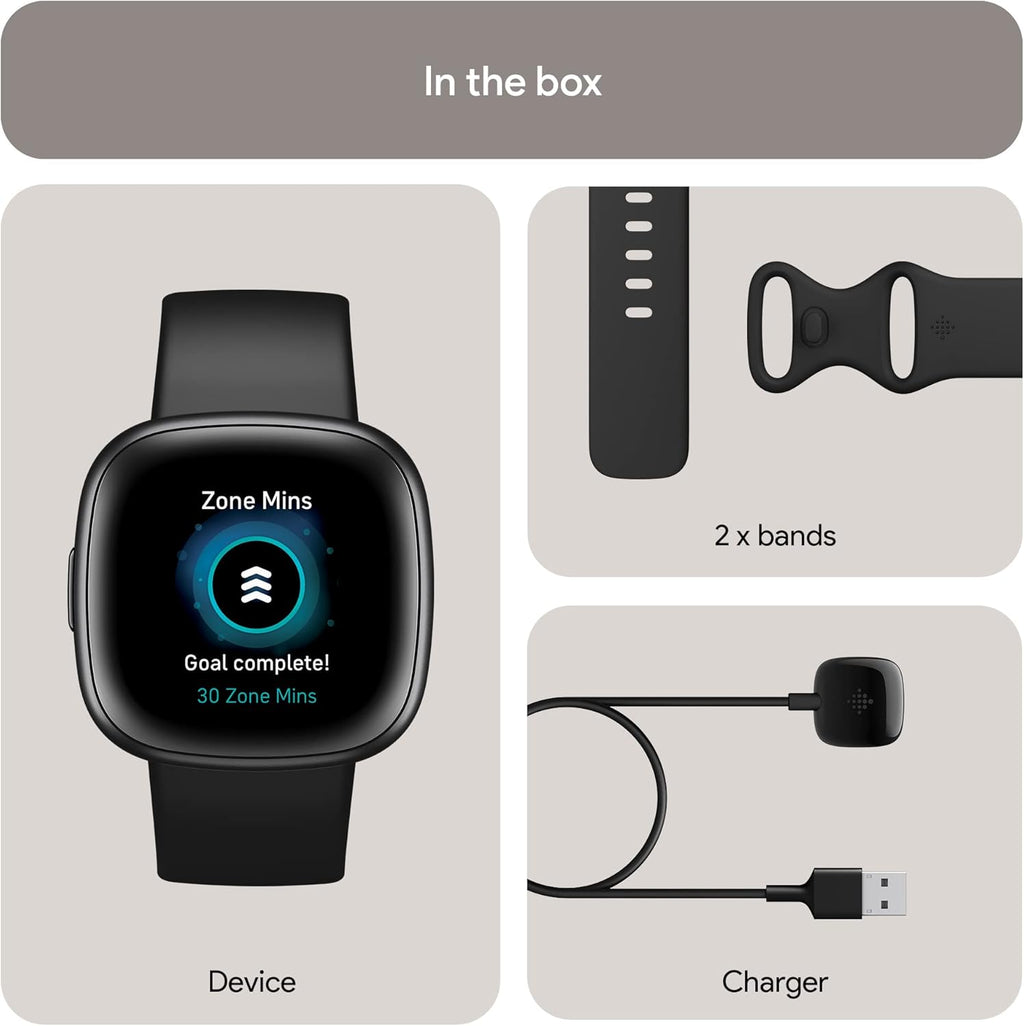 Fitbit Versa 4 Fitness Smartwatch with Daily Readiness, GPS, 24/7 Heart Rate, 40+ Exercise Modes, Sleep Tracking and more, Black/Graphite, One Size (S & L Bands Included)
