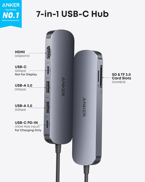 Anker USB C Hub, 7-in-1 Multi-Port USB Adapter for Laptop/Mac, 4K@60Hz USB C to HDMI Splitter, 85W Max Power Delivery, 3xUSBA & C 3.0 Data Ports, SD/TF Card, for Type C Devices (Charger Not Included)