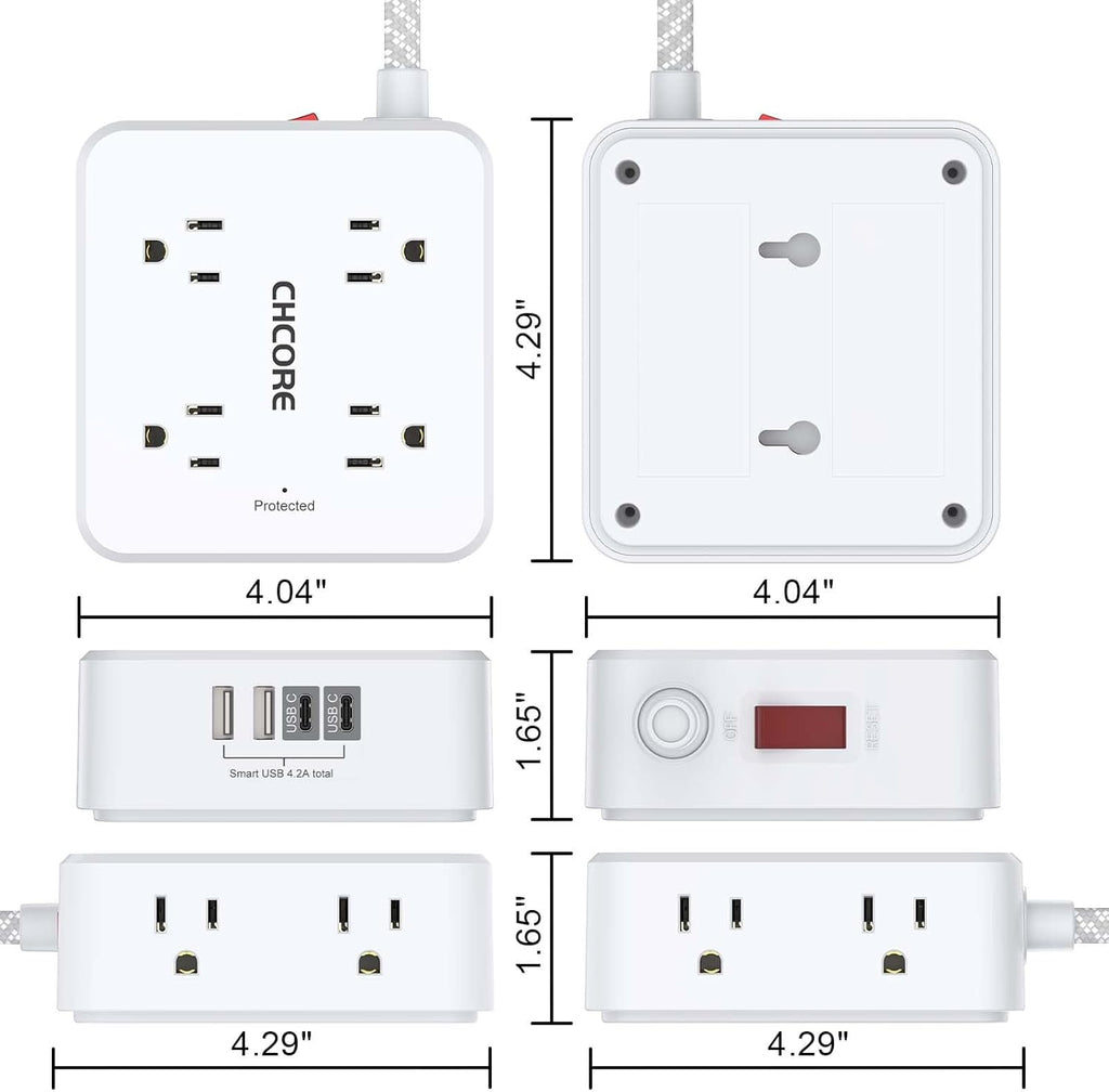 Surge Protector Power Strip - CHCORE 5Ft Braided Extension Cord with 8 Outlets with 4 USB (2 USB C) Charging Ports, Flat Plug Multi Plug Outlet Extender Charging Station for Home Office, ETL, White