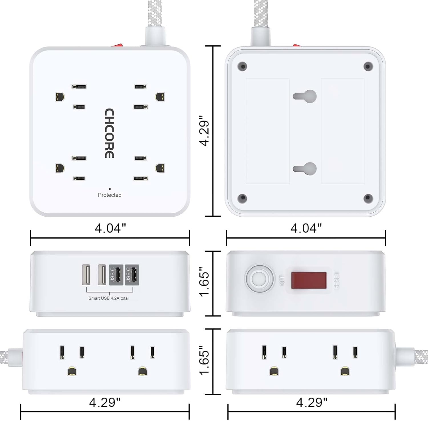 Surge Protector Power Strip - CHCORE 5Ft Braided Extension Cord with 8 Outlets with 4 USB (2 USB C) Charging Ports, Flat Plug Multi Plug Outlet Extender Charging Station for Home Office, ETL, White