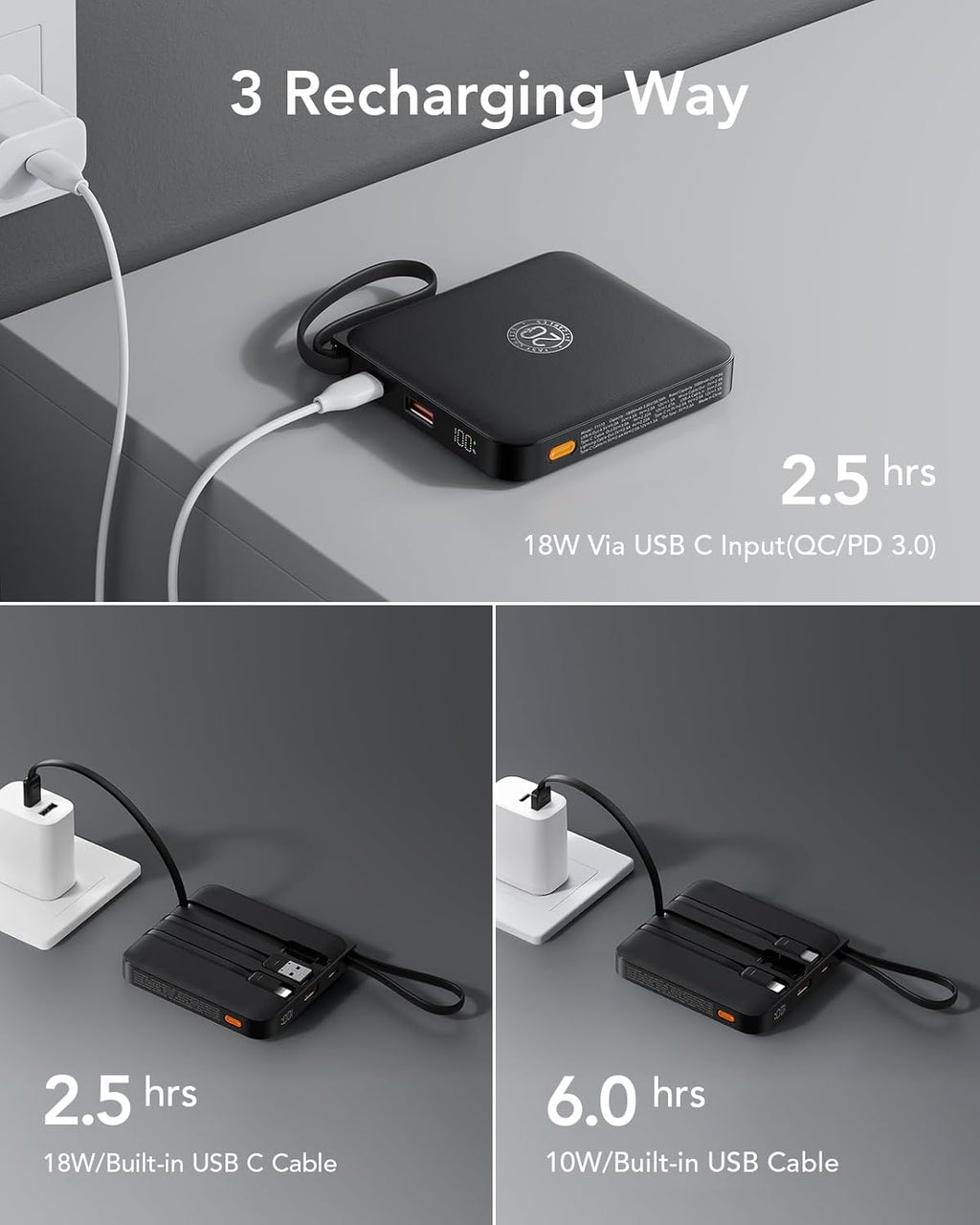 VRURC Portable Charger with Built-in Cable, 10000mAh 22.5W Fast Charging USB C Battery Pack, Cell Phone Power Bank for iPhone 17 16 15 Samsung Galaxy S25 S24 S23 Series Android Tablet, Black(1 Pack)
