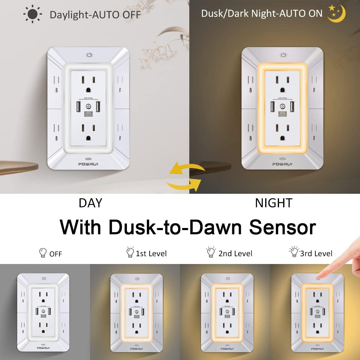 POWRUI Multi Plug 6 Outlet Surge Protector Extender with 3 USB Ports (1 USB C) and Night Light, 3-Sided Power Strip with Adapter Spaced Outlets, ETL Listed, White