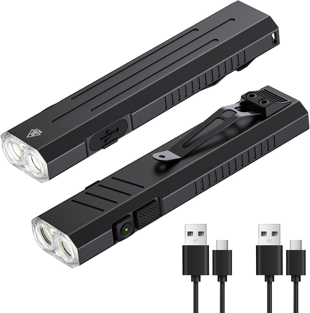 2pack Rechargeable EDC Flashlight - Emergency One Click Strobe Mode, 1600 High Lumens Portable Pocket light Mini Flashlight , Magnetic Small EDC Slim Flat Flashlight for Working Camping Repairing