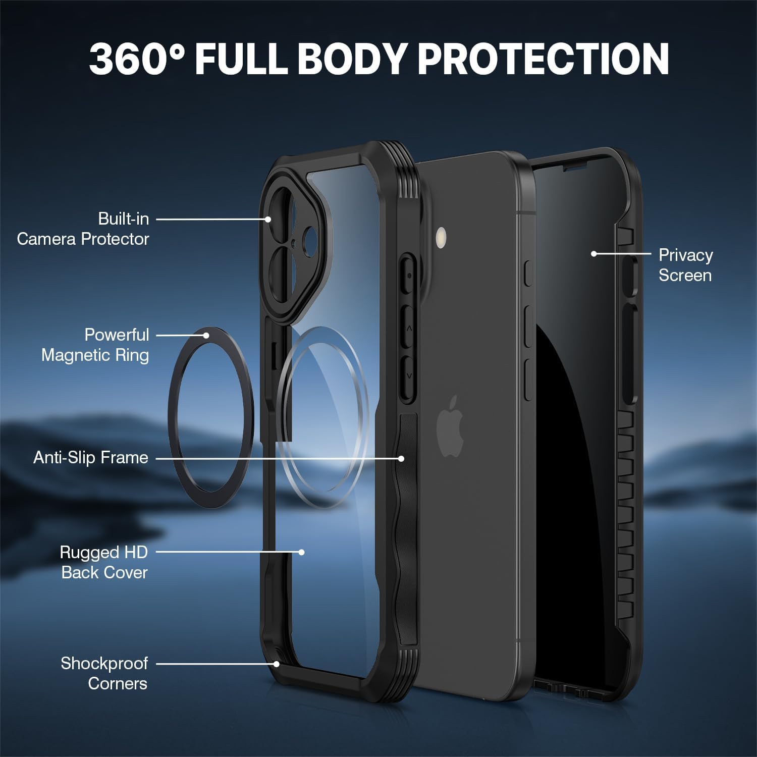 CENHUFO Magnetic Privacy for iPhone 17 Case [Compatible with Magsafe] Full Body Phone Case Built-in 9H Tempered Glass Privacy Screen Protector Camera Protection Shockproof Bumper Clear Cover -Black