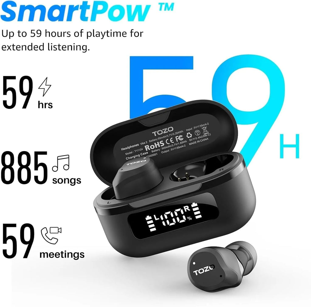TOZO NC9 Hybrid Active Noise Cancelling Wireless Earbuds, 6 Mics ENC Clear Call, IPX8 Waterproof, in Ear Bluetooth 5.3 Headphones Stereo Bass Ear Buds 59H Playtime with LED Display 32 EQs via APP