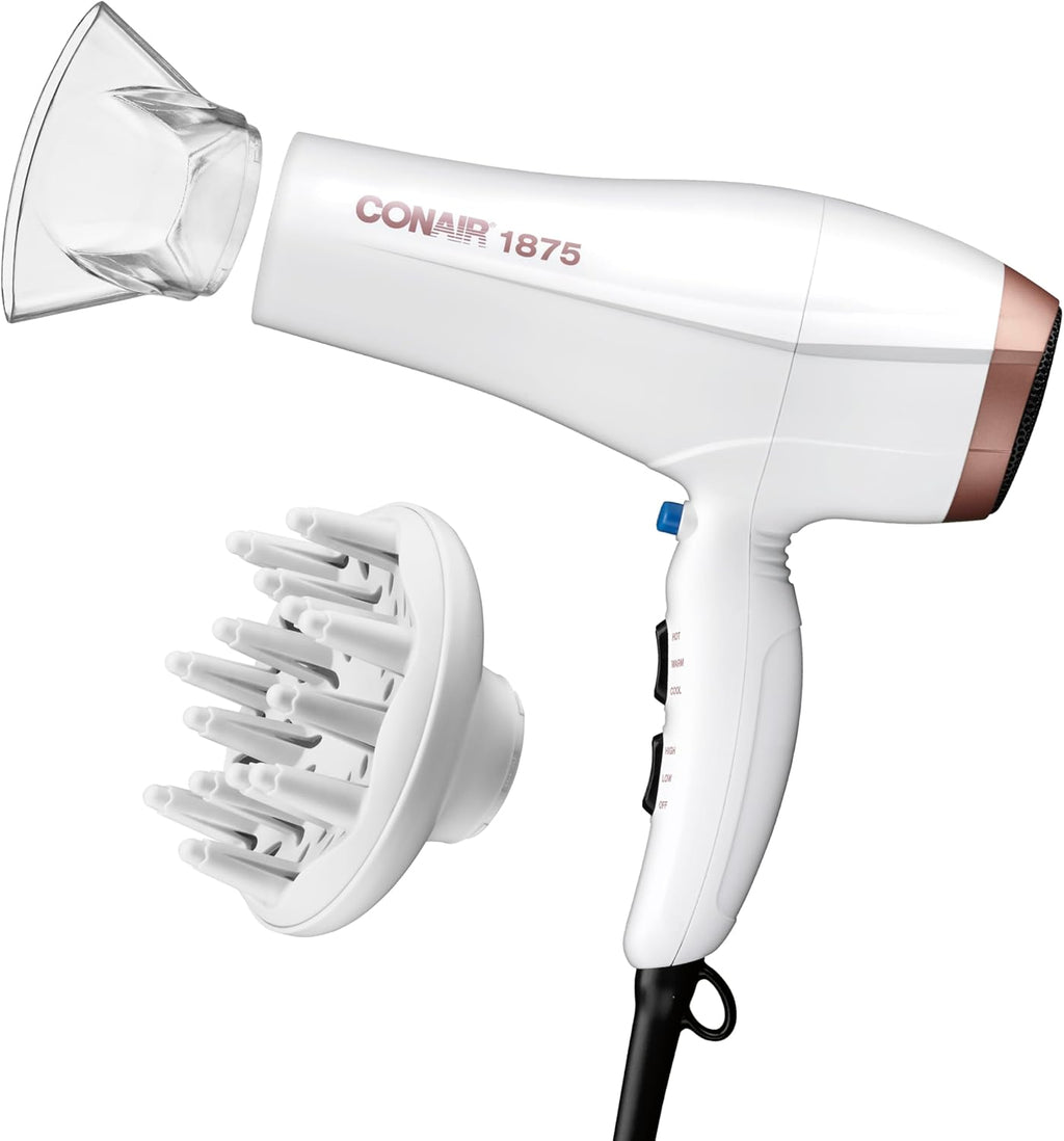 Conair Double Ceramic Ionic Hair Dryer, 1875W Blow Dryer with Diffuser & Concentrator (White)