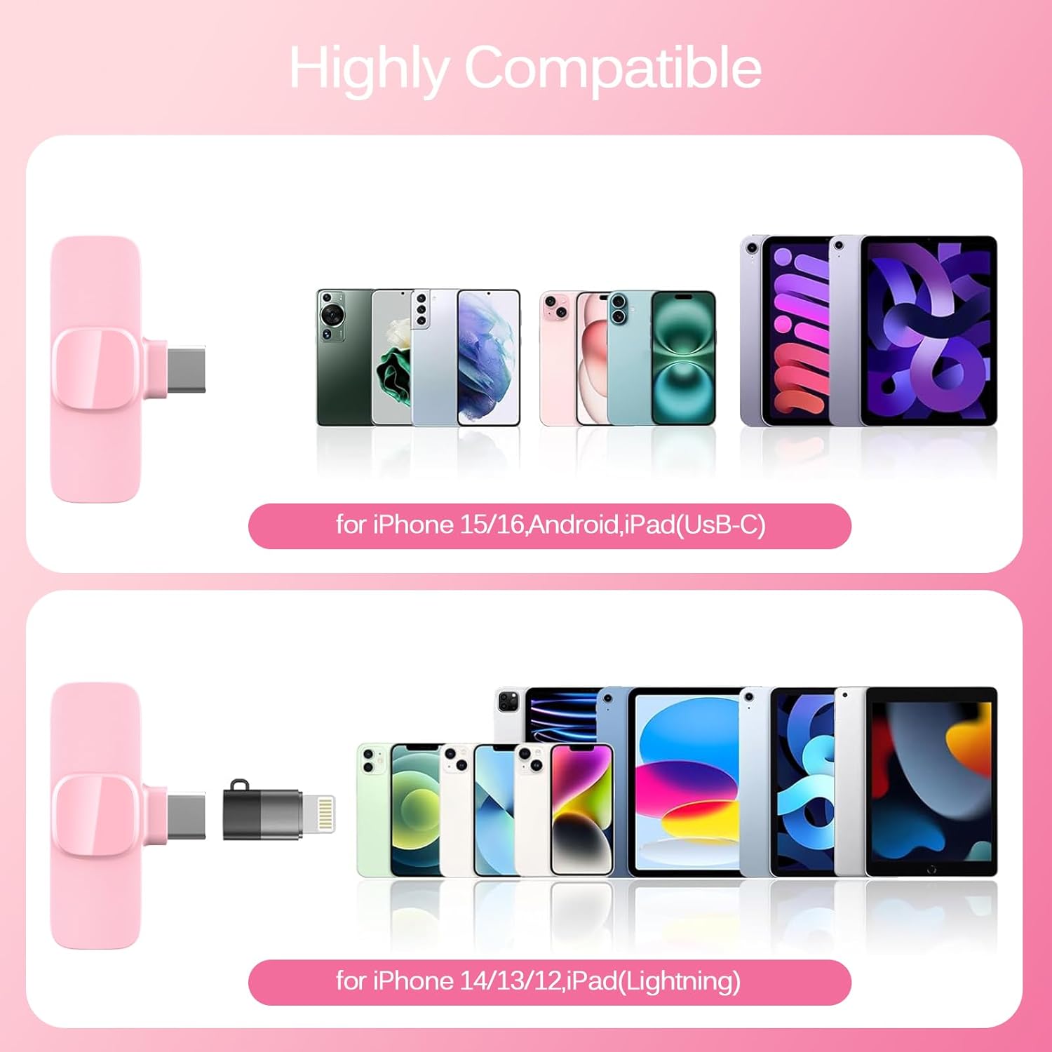 HONGJIEYUAN Pink Wireless Lavalier Microphone for iPhone & Android - Mini Clip-On Mic with Noise Cancellation, 65ft Range, 8H Battery, USB-C/Lightning - for TikTok, YouTube, Podcast, Live Streaming