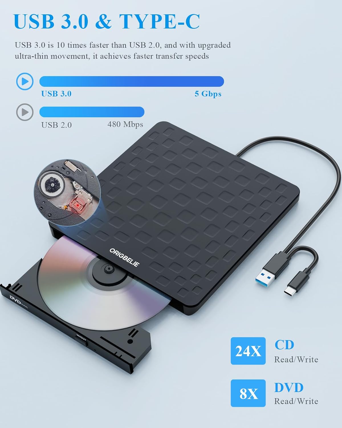 ORIGBELIE External CD DVD Drive for Laptop, USB 3.0 Type-C Ultra Slim 13mm DVD Player Portable CD DVD +/-RW Drive CD Burner Reader Writer Recorder for Desktop PC Windows 11/10/8/7 Linux Mac OS (Black)