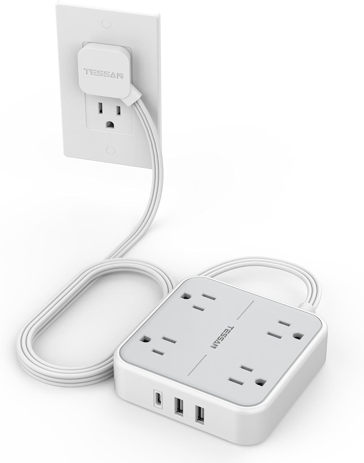TESSAN Surge Protector Flat Extension Cord 5Ft, Flat Plug Power Strip with 4 Outlets 3 USB Ports (1 USB C), 900 Joules Protection, Multiple Wall Outlet Extender Suitable for Home Office Dorm, Grey